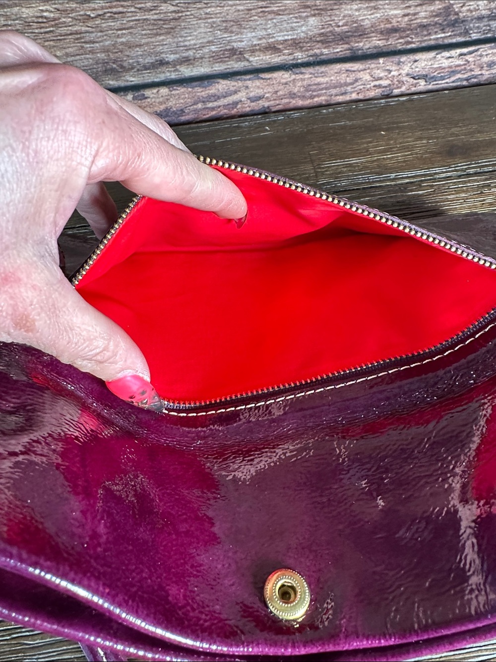 Dooney & Bourke Plum Patent Leather Fold-Over Clutch Shoulder Bag - Picture 8 of 10